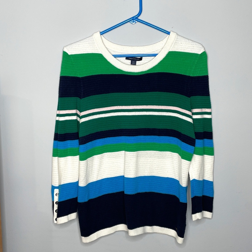 Tommy Hilfiger Lightweight Long Sleeve Sweater - Blues, Green, White Size: Large